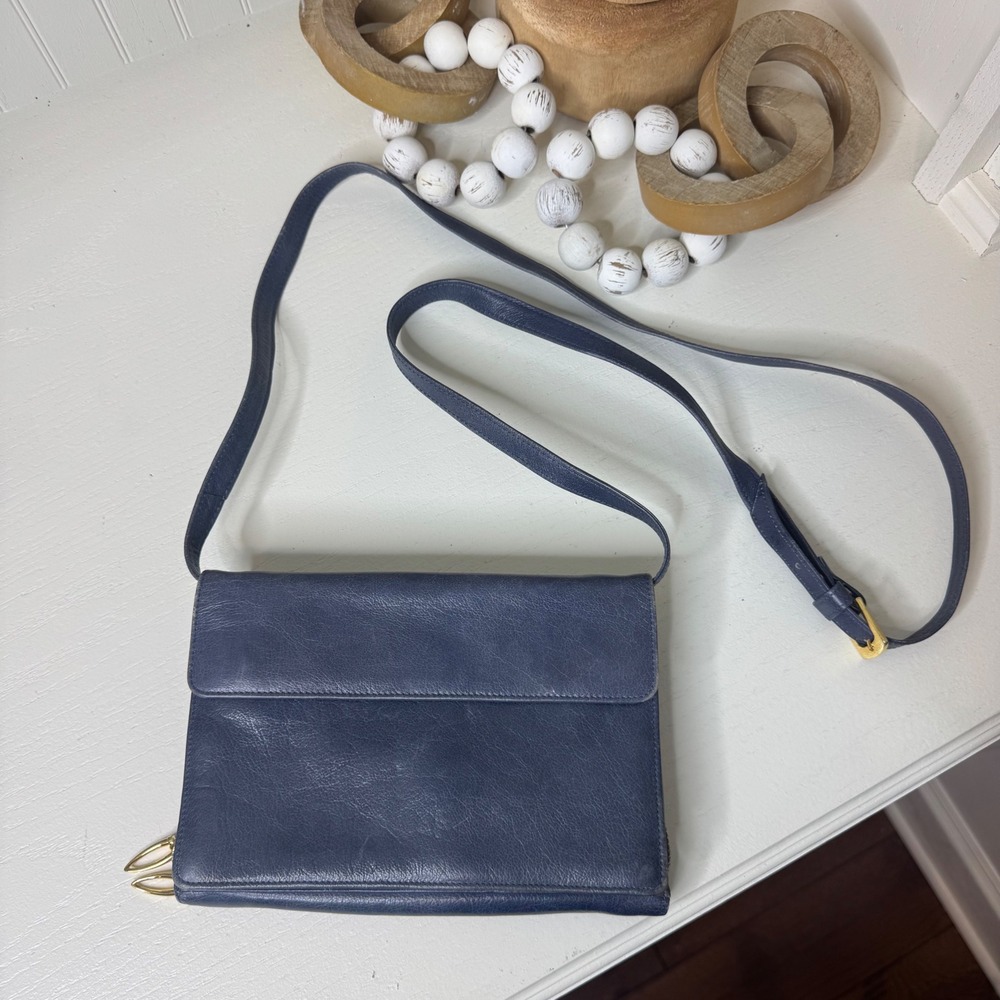 Tusk Navy Blue Leather Crossbody Bag Wallet Organizer Purse Gold Hardware